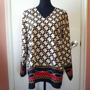 CHICO'S Equestrian Black Red Horse Riding Long Sleeve Top Size 12 Large